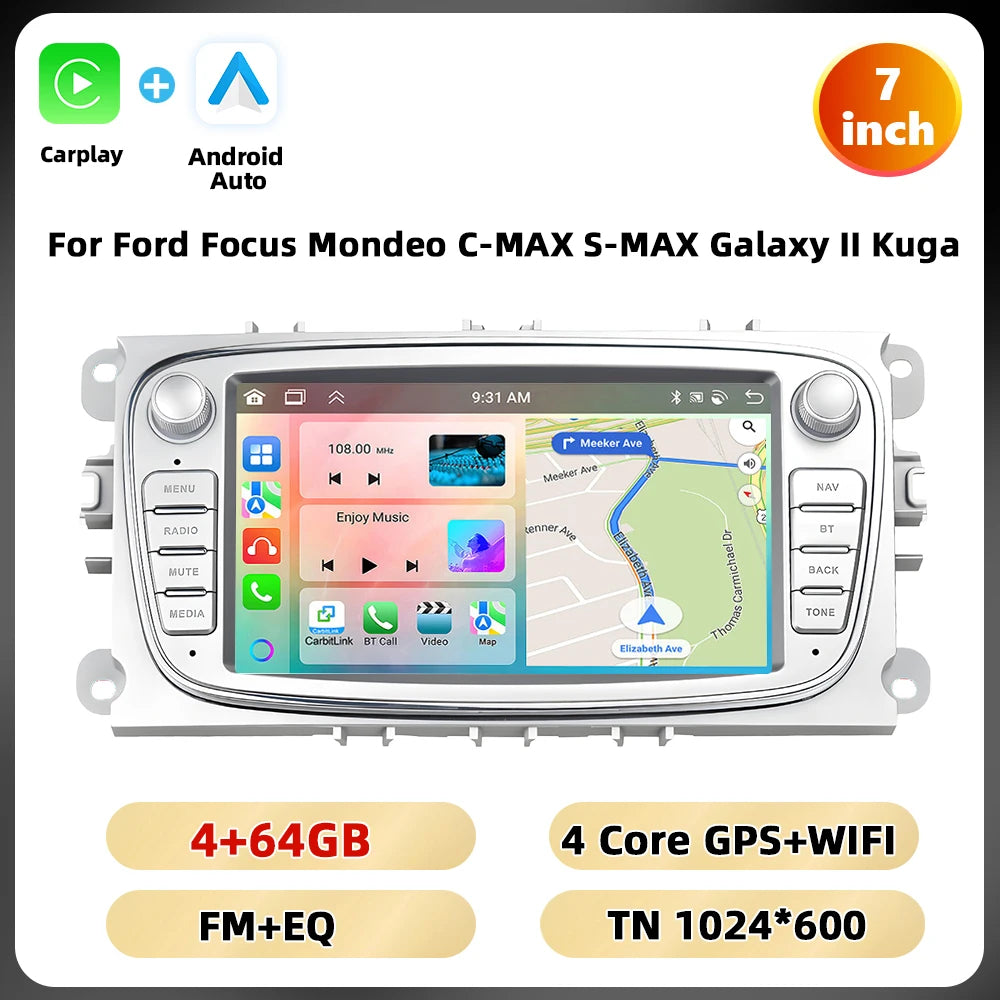 Podofo 7 ''Android Multimedia Player for Ford Focus Mondeo C-MAX S-MAX Galaxy II Kuga GPS Navigation 2 + 64G Carplay Android Auto