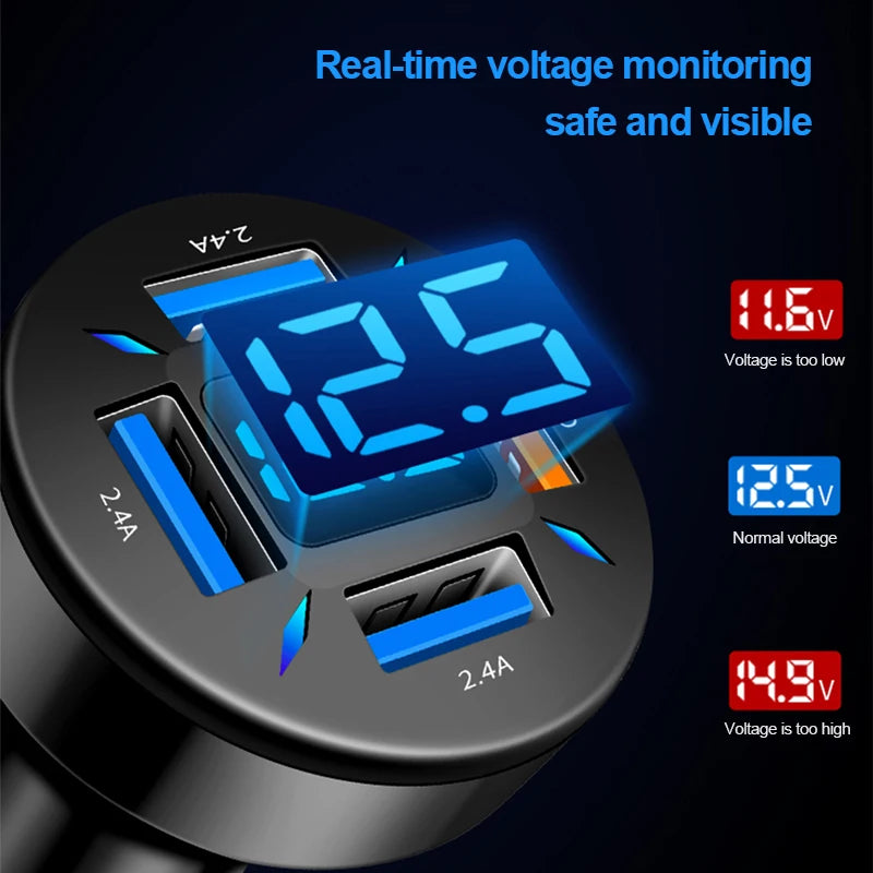 66W Car Charger Quick Charge Cigarette Lighter Adapter 4-Port USB A+USB C Fast Charging Phone Charger for iPhone Xiaomi Samsung