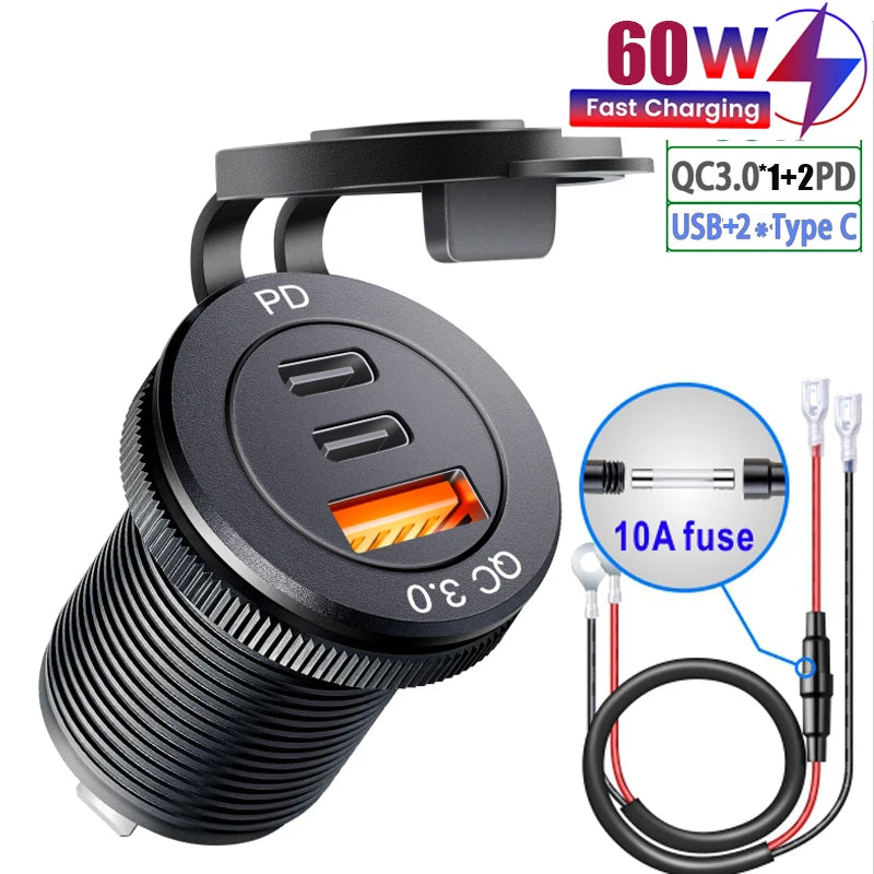 Usb socket in the car Quick Charge  PD 3.0  Car Charger 60W  Outlet Socket For 12V 24V Motorcycle Boat Marine Truck ATV