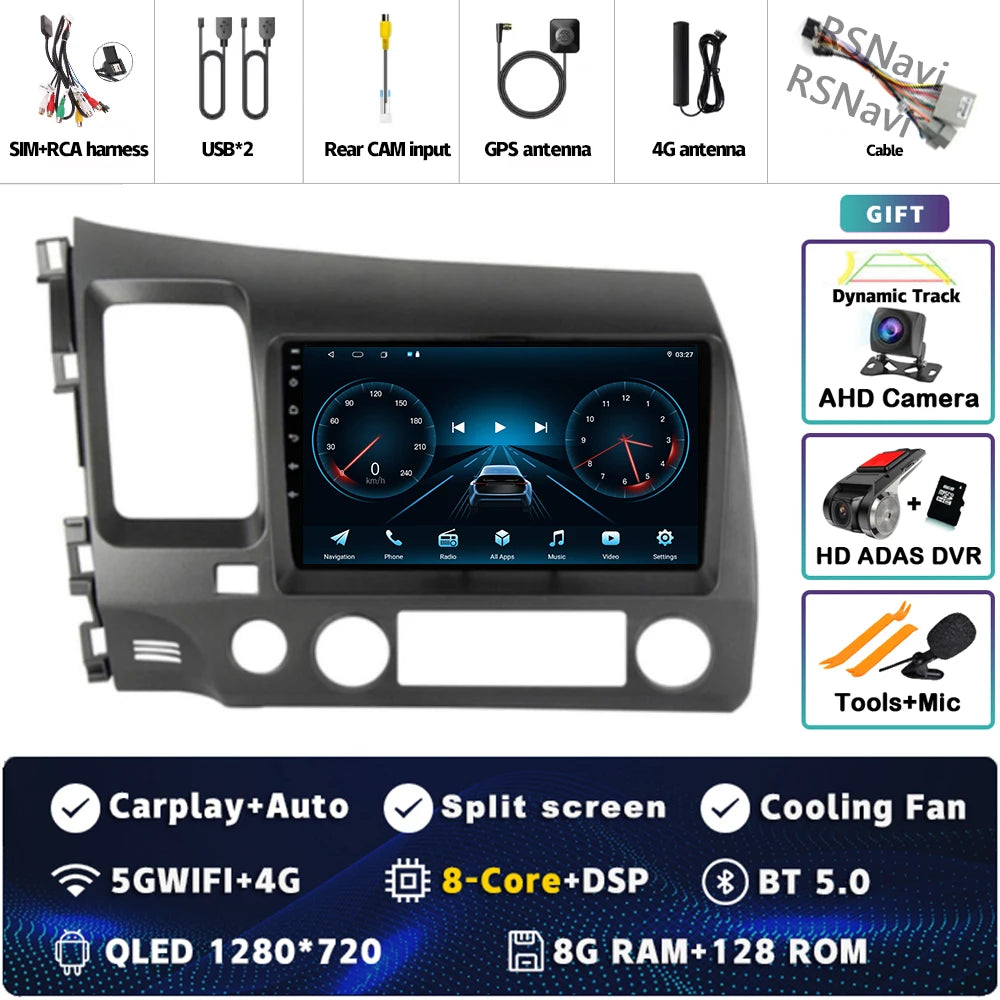 Android 16 For Honda Civic 8 FK FN FD 2005 - 2012 2K QLED Android Car Radio Multimedia Video Player GPS 4G CarPlay Stereo
