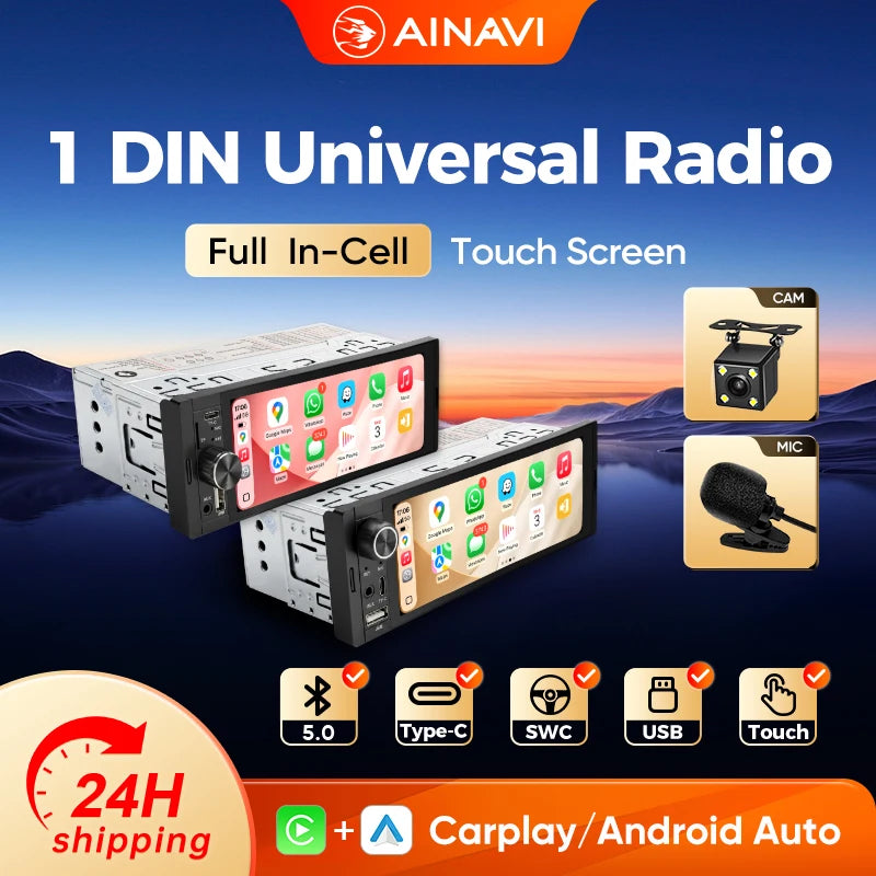 Ainavi K40 K50 Universal 1 Din 6.36 inch Car Radio MP5 IPS Touch Screen Wireless HD 1280*480 Carplay Android Auto Car Multimedia Rear Camera MIC USB BT 5.0 Type C Bluetooth phone Bluetooth music