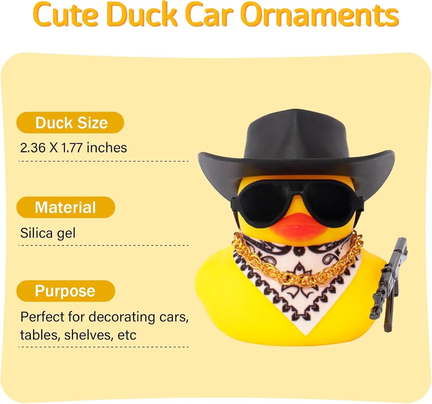 Car Rubber Duck Ornament Cool Car Accessories Duck Car Dashboard Decoration Cowboy Hat Duck with Weapon Necklace, AK47 M416