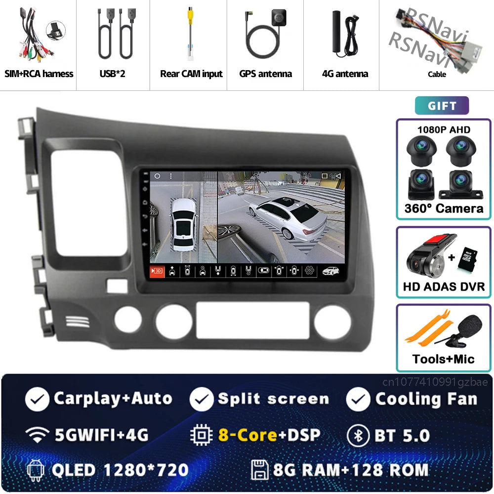Android 16 For Honda Civic 8 FK FN FD 2005 - 2012 2K QLED Android Car Radio Multimedia Video Player GPS 4G CarPlay Stereo