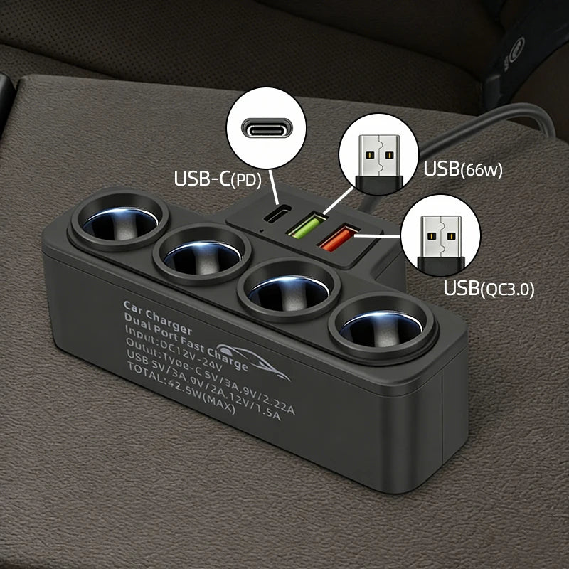 120W Car Charger Cigarette Lighter Splitter QC3.0 PD USB C 66W Fast Charging Port Quad Socket with Cable 12V 24V Vehicle Adapter
