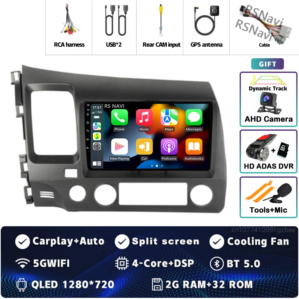 Android 16 For Honda Civic 8 FK FN FD 2005 - 2012 2K QLED Android Car Radio Multimedia Video Player GPS 4G CarPlay Stereo