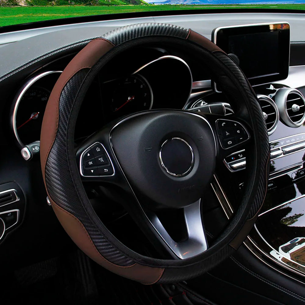PU carbon fiber leather no inner ring car steering wheel cover is suitable for 14.5 - 15 inch car decoration items.