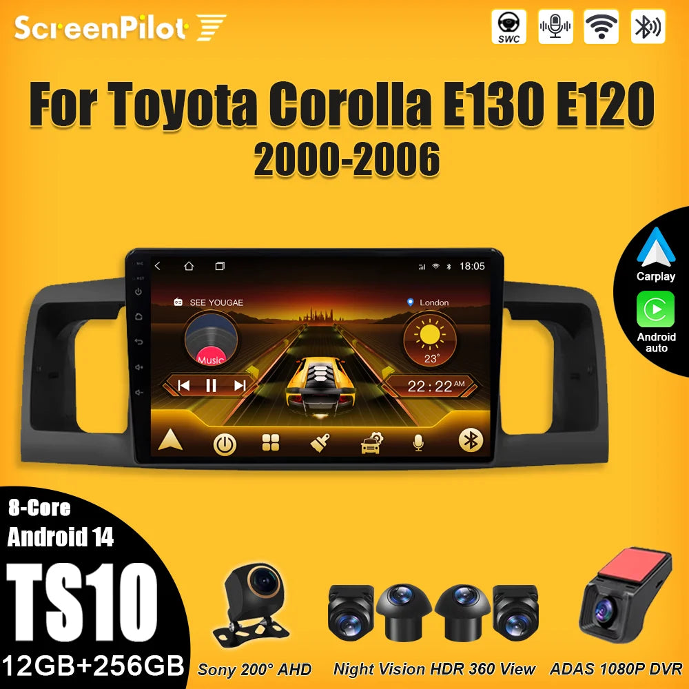 For Toyota Corolla E130 E120 2000-2006 Android 16 Multimedia Video Player  Carplay Touch Screen RDS 8 Core 5G Bluetooth 2din DSP