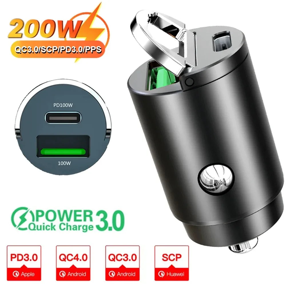 100W/200W Mini Car USB/QC3.0 PD Charger 12-24V Fast Charging Car USB Type C Charger Lighter for Xiaomi Samsung Huawei iPhone
