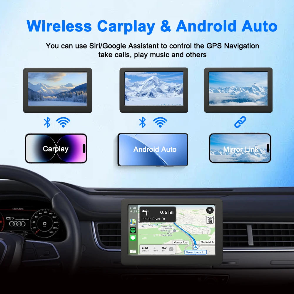 4.3" Portable Car Radio Universal Wireless CarPlay Android Auto Mirror Link Player with BT Audio AUX Stereo for Apple Android