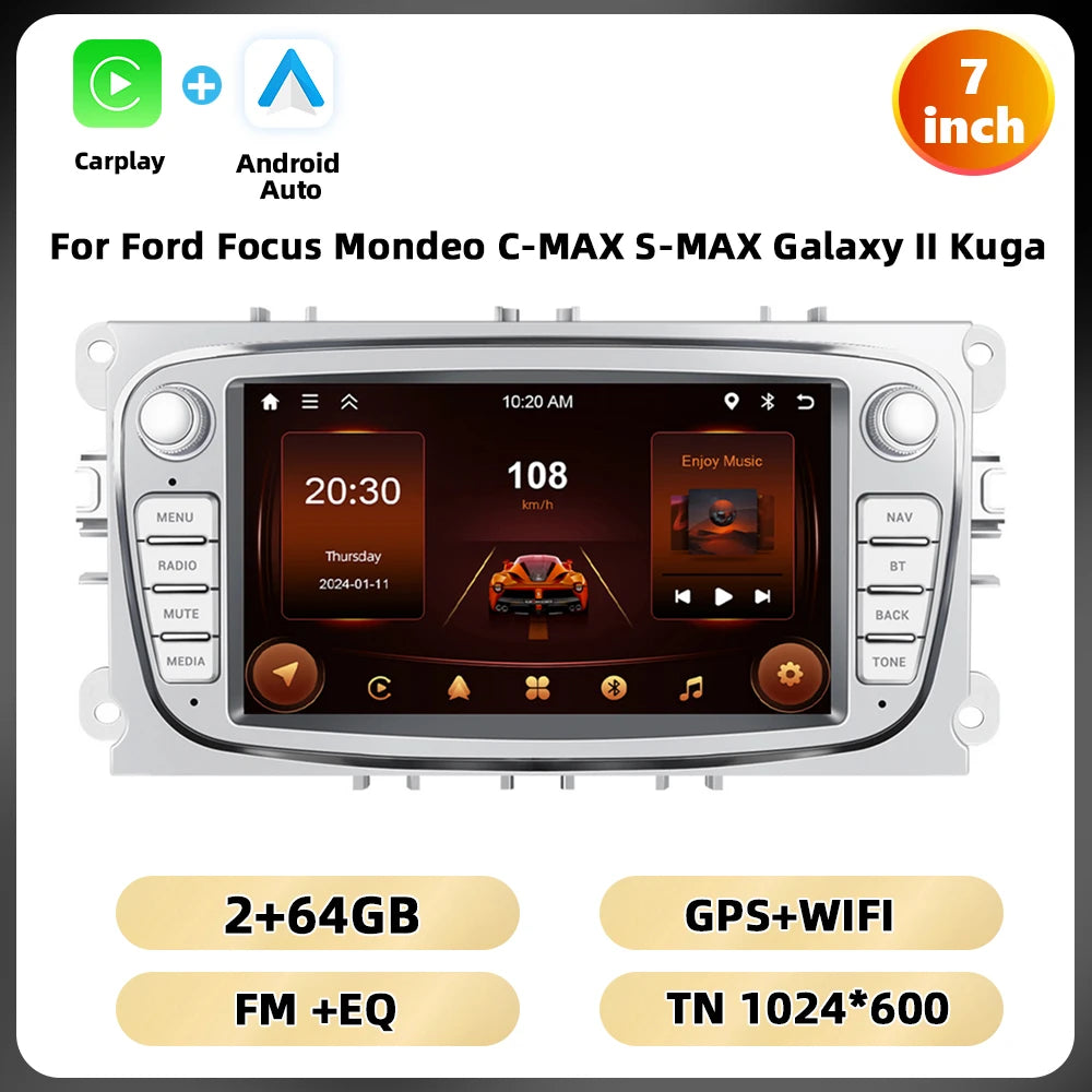 Podofo 7 ''Android Multimedia Player for Ford Focus Mondeo C-MAX S-MAX Galaxy II Kuga GPS Navigation 2 + 64G Carplay Android Auto