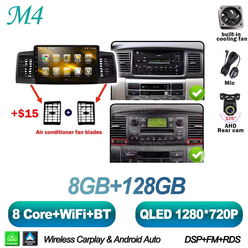 For Toyota Corolla E130 E120 2000-2006 Android 16 Multimedia Video Player  Carplay Touch Screen RDS 8 Core 5G Bluetooth 2din DSP