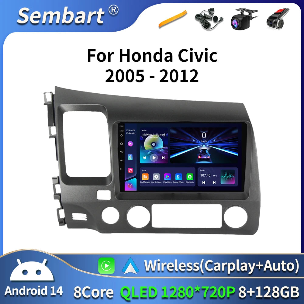 Android 16 Car stereo radio For Honda Civic 8th 8gen 2005 2006 2007 2008 2009 2010-2012 multimedia wireless carplay android auto