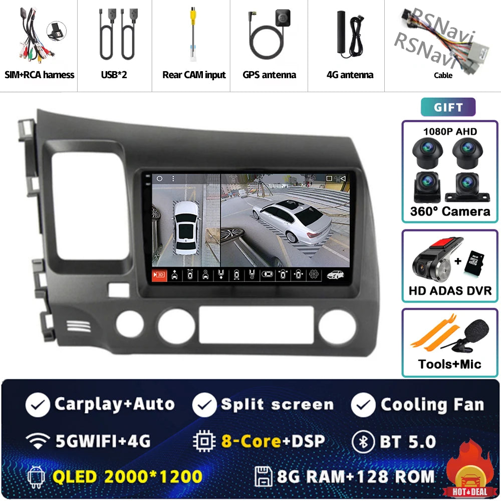 Android 16 For Honda Civic 8 FK FN FD 2005 - 2012 2K QLED Android Car Radio Multimedia Video Player GPS 4G CarPlay Stereo