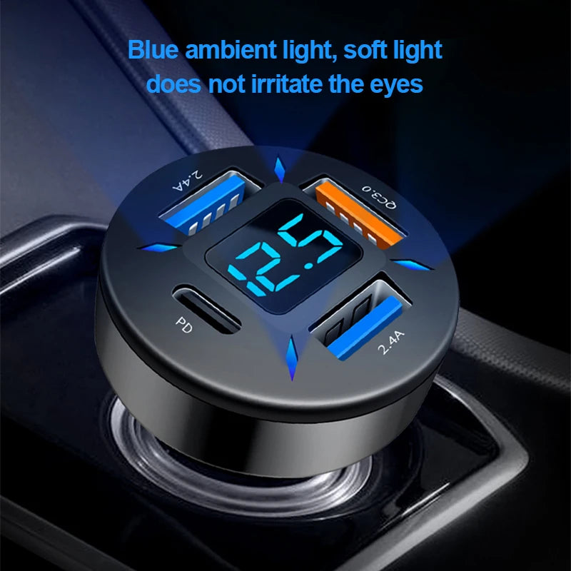 66W Quick Charge Car Phone Charger PD+QC3.0 4 Ports USB Fast Charging Cigarette Lighter Adapter Socket for IPhone Xiaomi Samsung