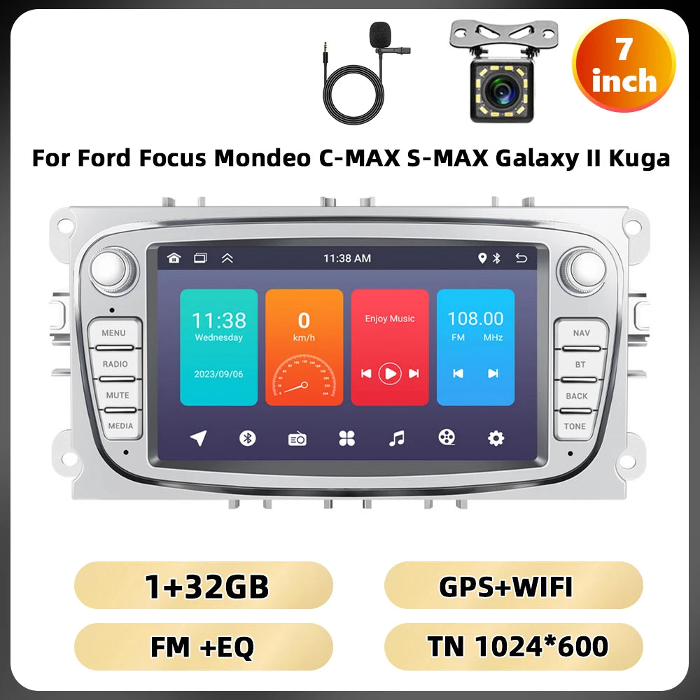 Podofo 7 ''Android Multimedia Player for Ford Focus Mondeo C-MAX S-MAX Galaxy II Kuga GPS Navigation 2 + 64G Carplay Android Auto
