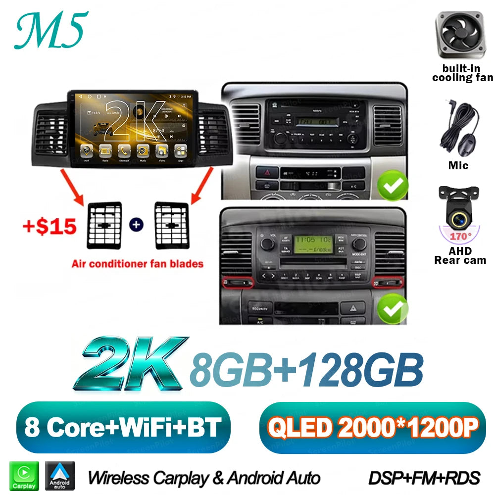 For Toyota Corolla E130 E120 2000-2006 Android 16 Multimedia Video Player  Carplay Touch Screen RDS 8 Core 5G Bluetooth 2din DSP