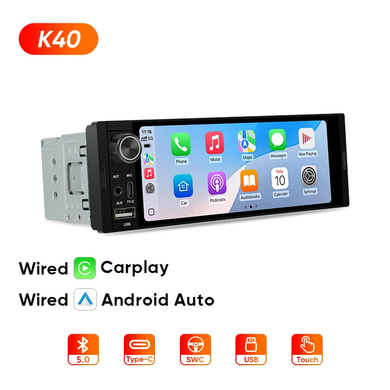 Ainavi K40 K50 Universal 1 Din 6.36 inch Car Radio MP5 IPS Touch Screen Wireless HD 1280*480 Carplay Android Auto Car Multimedia Rear Camera MIC USB BT 5.0 Type C Bluetooth phone Bluetooth music