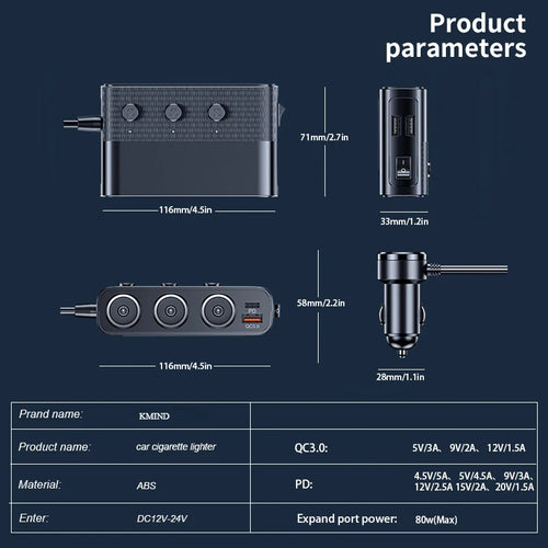 128W 7-in-1 Car Charger Splitter with Switch, PD30W & QC3.0 Fast Charging, Multi-Port Cigarette Lighter Adapter