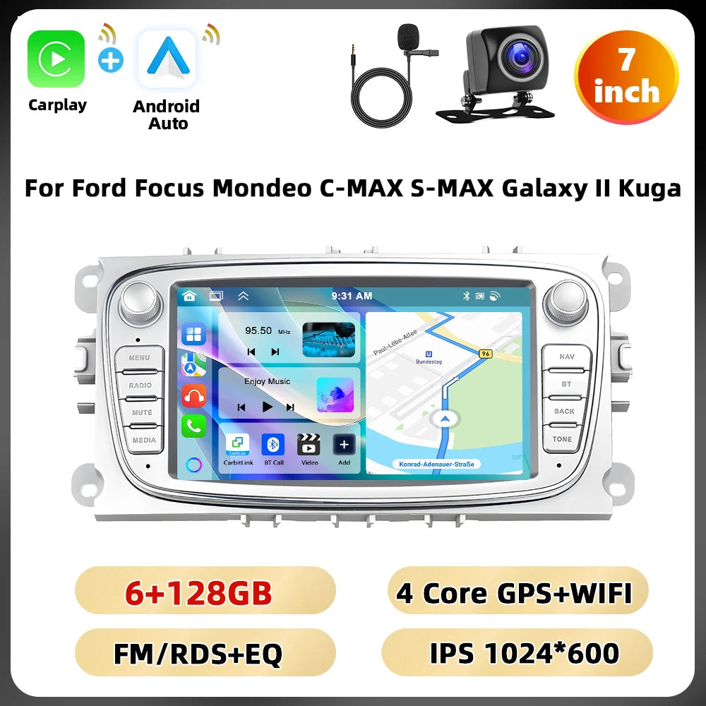 Podofo 7 ''Android Multimedia Player for Ford Focus Mondeo C-MAX S-MAX Galaxy II Kuga GPS Navigation 2 + 64G Carplay Android Auto