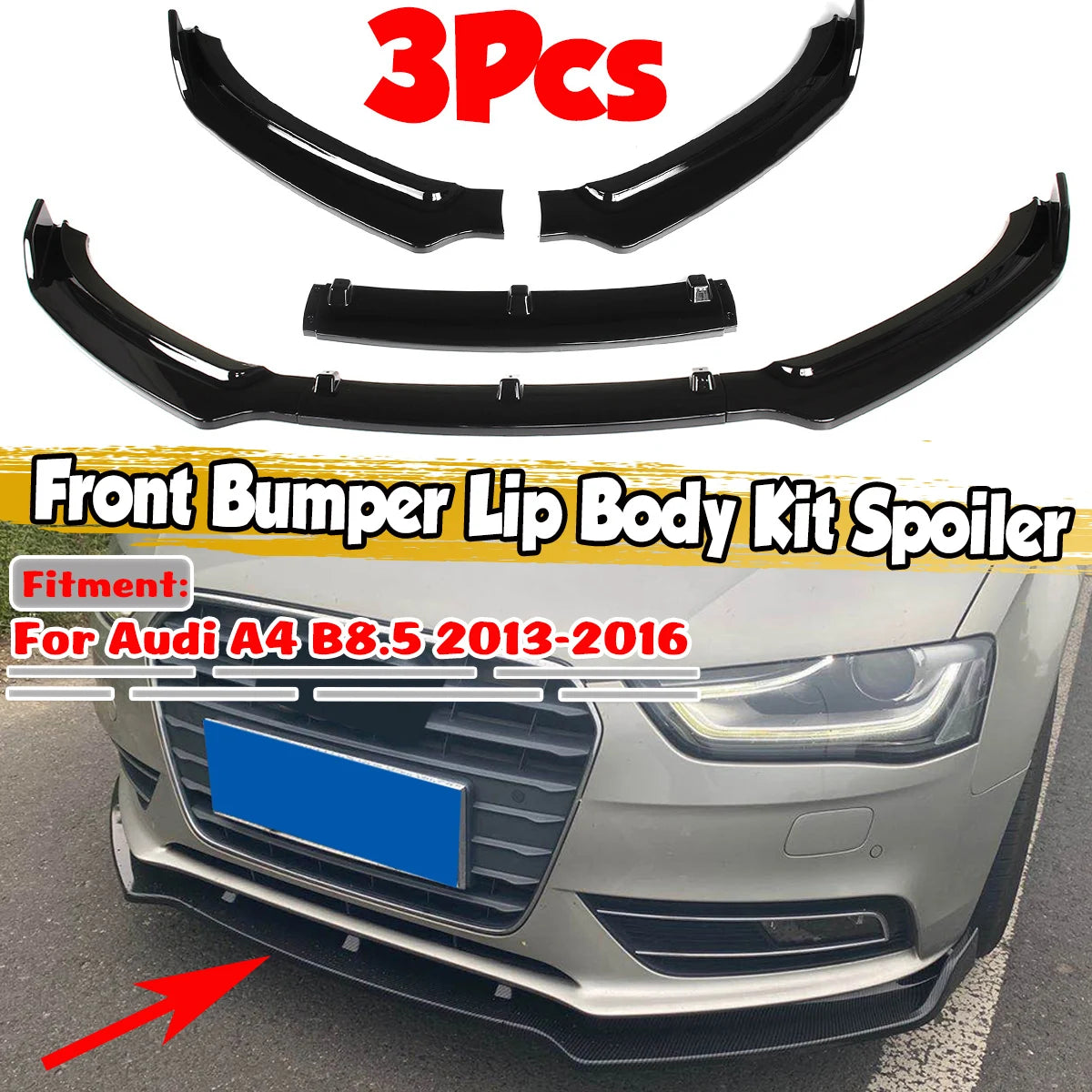 Black 3pcs Car Front Bumper Splitter Lip Diffuser Spoiler Protection Deflector Lips For Audi A4 B8.5 2013 2014 2015 2016