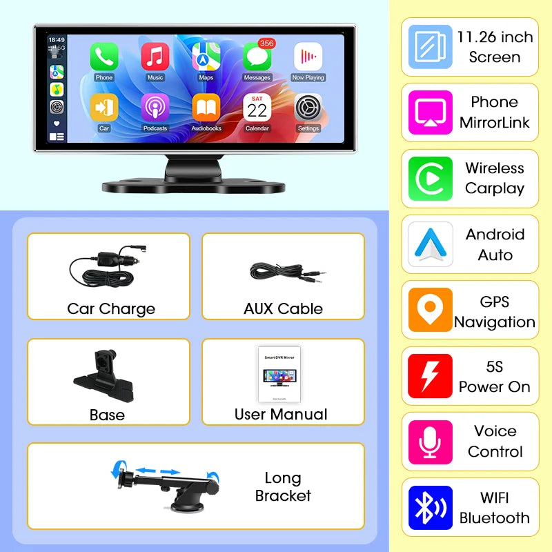 11.26 inch Car Intelligent Systems Multimedia Video Player Portable Car Radio Wireless CarPlay Android Auto Screen Accessories