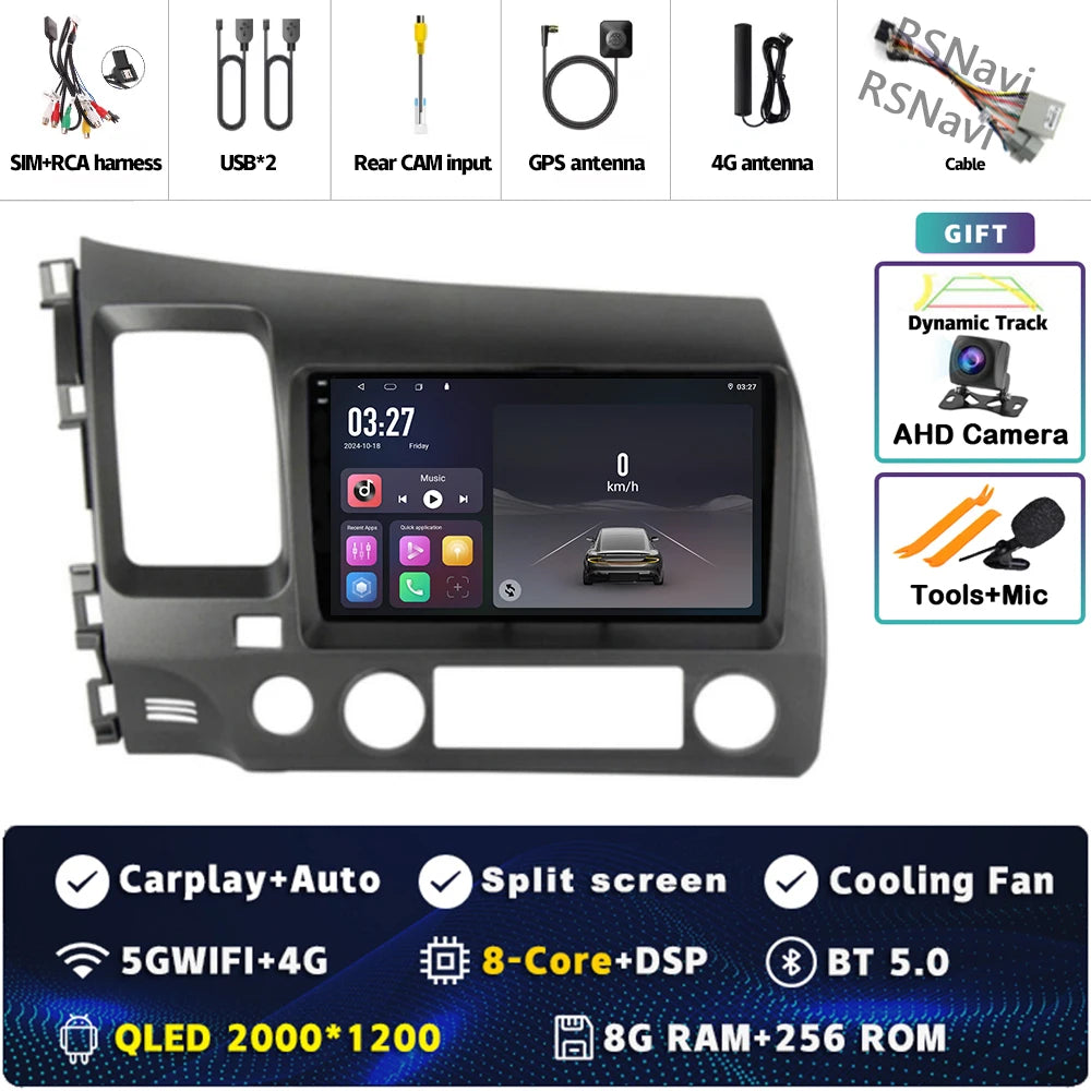 Android 16 For Honda Civic 8 FK FN FD 2005 - 2012 2K QLED Android Car Radio Multimedia Video Player GPS 4G CarPlay Stereo