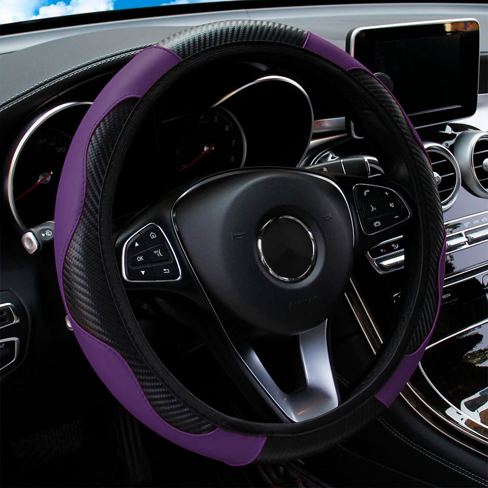 PU carbon fiber leather no inner ring car steering wheel cover is suitable for 14.5 - 15 inch car decoration items.