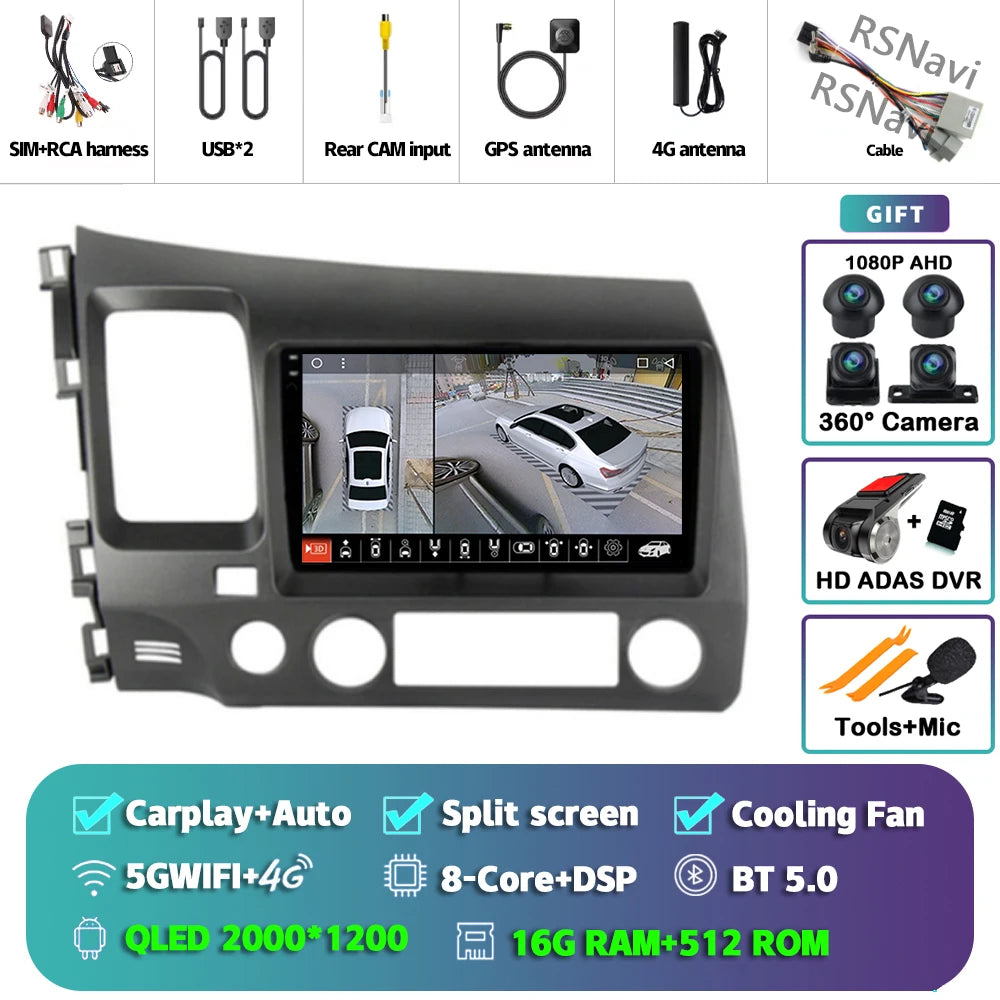 Android 16 For Honda Civic 8 FK FN FD 2005 - 2012 2K QLED Android Car Radio Multimedia Video Player GPS 4G CarPlay Stereo
