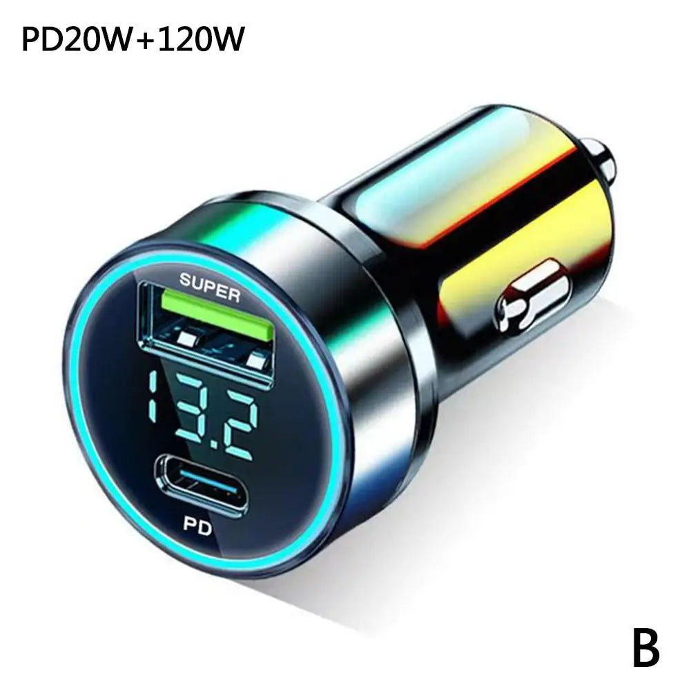 Car Charger Dual USB Ports 120W+PD20W Super Fast Charging With Digital Display Quick Charging Adapter For IPhone Samsung Xiaomi