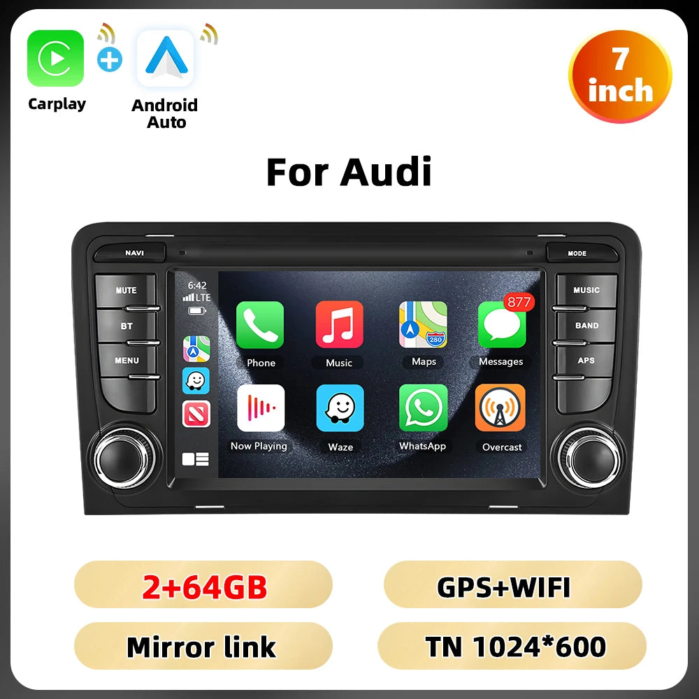 Podofo 2+64G 7'' Car Radio For Audi A3 8P 2003-2012 Multimedia Player GPS Navigation WIFI Carplay Android Auto EQ RDS Car Stereo