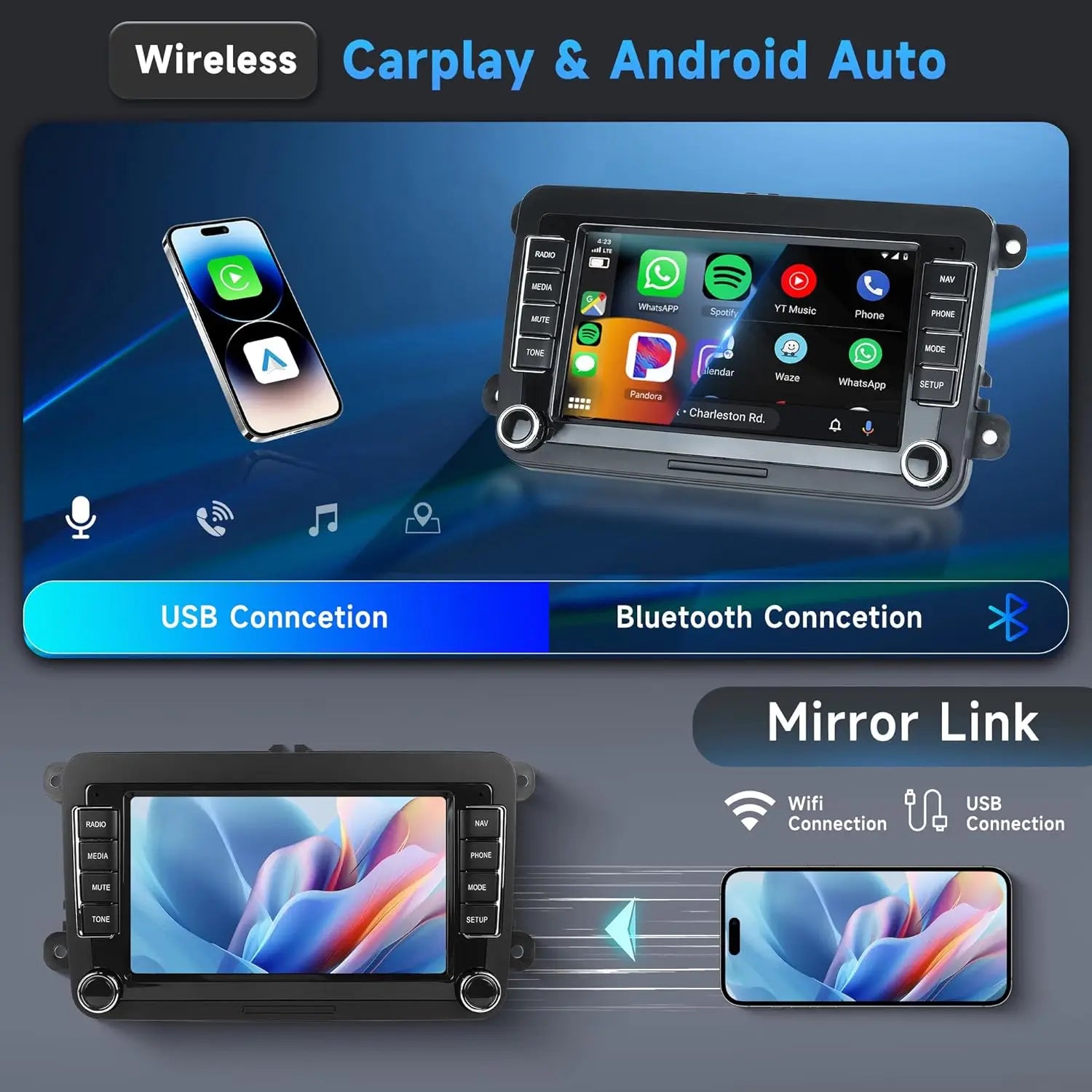 2DIN Android Car Radio for VW Passat Golf MK5 MK6 Jetta Polo Touran Wireless Carplay Android Auto 7'' Multimedia Player Camera