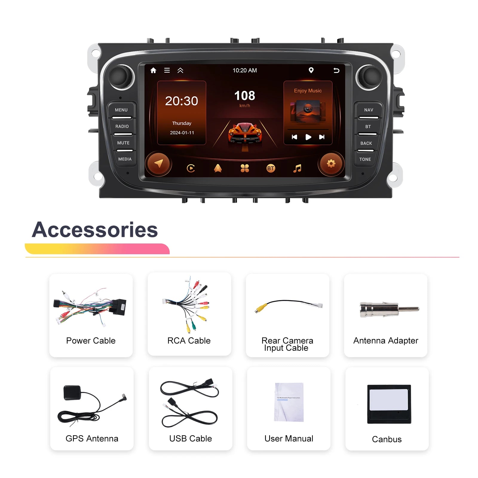 Podofo 7 ''Android Multimedia Player for Ford Focus Mondeo C-MAX S-MAX Galaxy II Kuga GPS Navigation 2 + 64G Carplay Android Auto