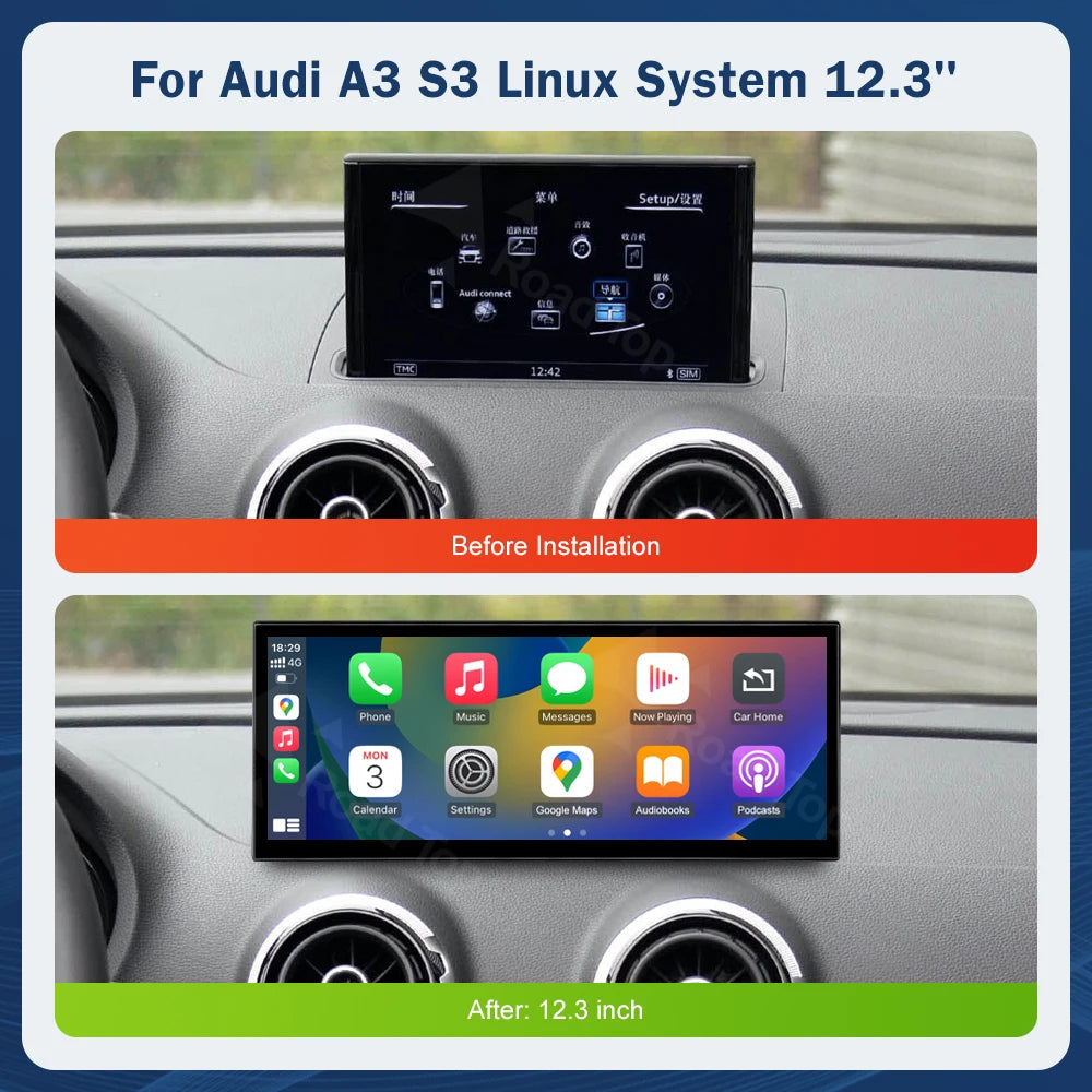 12.3 inch Touch Screen Multimedia Display For Audi A3 2014-2019 Airplay Miracast Function Wireless Carplay Android Auto