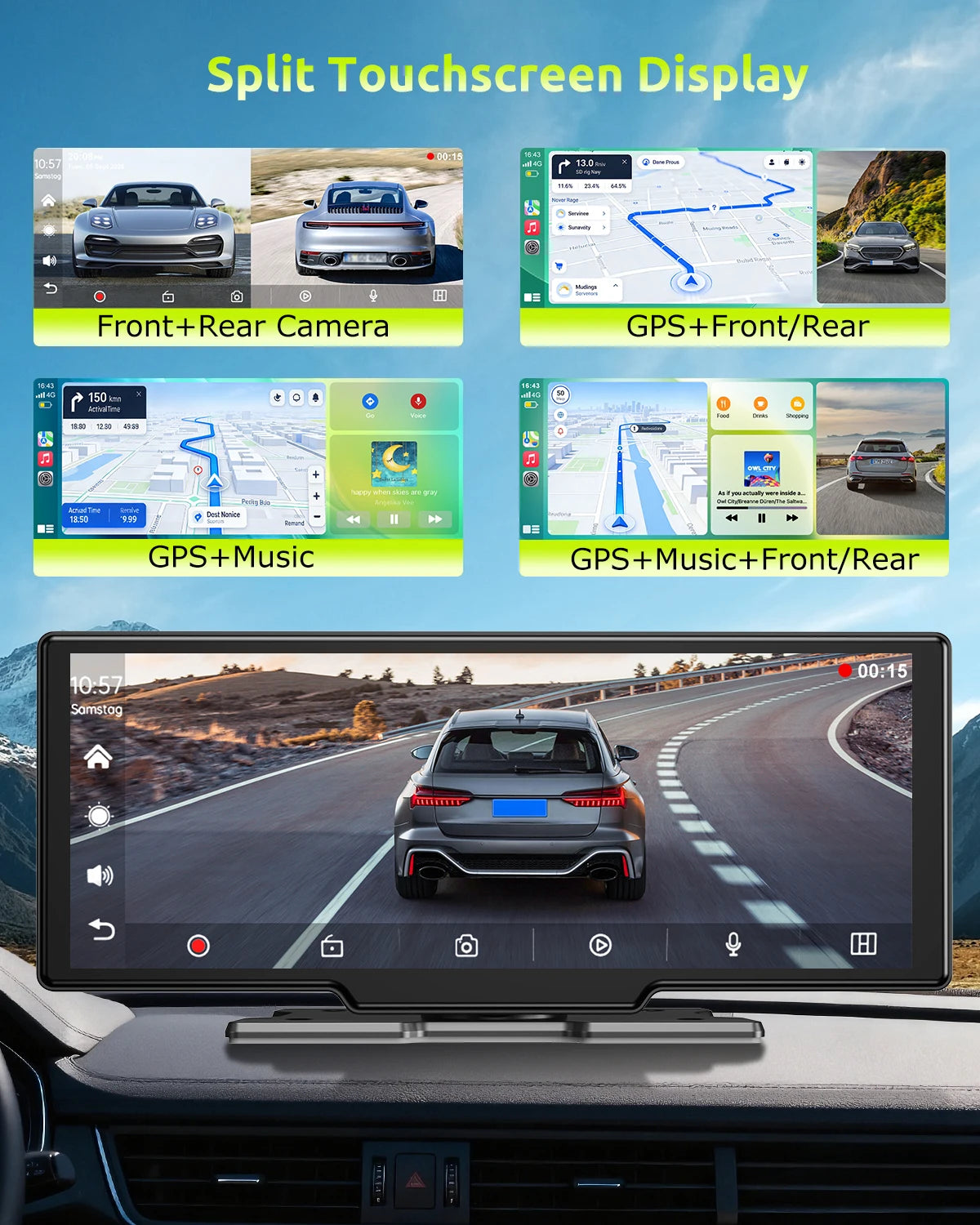 ESSGOO 10.26" Wireless Carplay Screen Dash Cam 4K Car DVR Android Auto Dual Lens Video Recorder Wifi FM AUX Bluetooth Type C TF