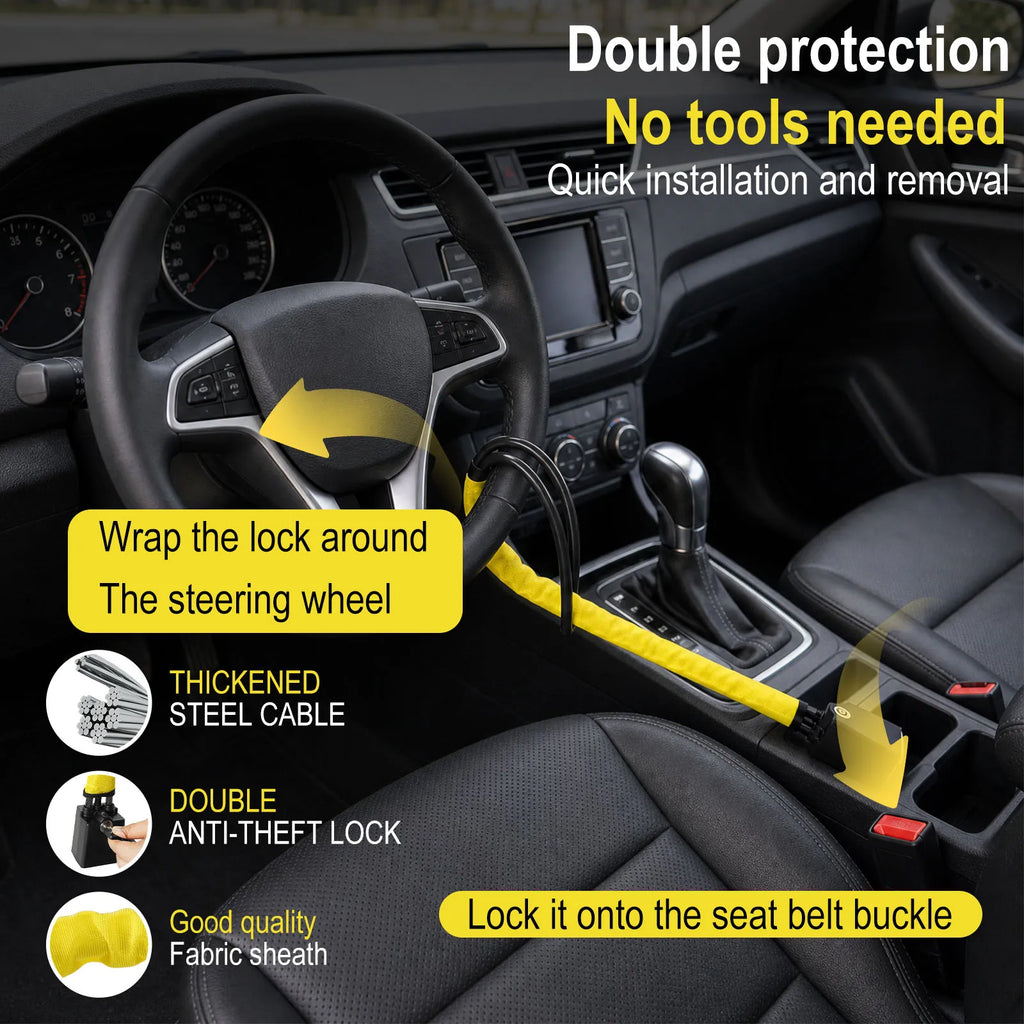 Anti Theft Car Steering Wheel Lock Braided Steel Cable Seatbelt Locks Heavy Duty Anti Pick Cylinder Security with 2 Keys