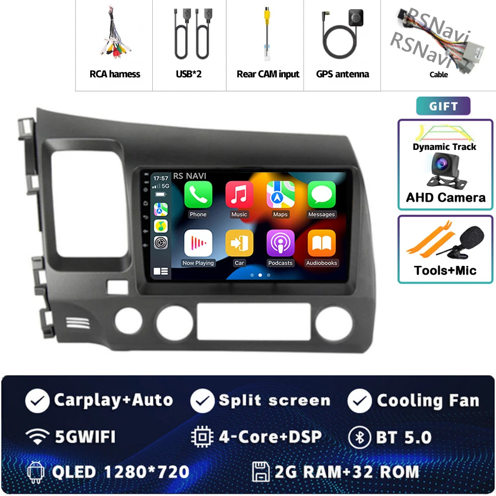 Android 16 For Honda Civic 8 FK FN FD 2005 - 2012 2K QLED Android Car Radio Multimedia Video Player GPS 4G CarPlay Stereo