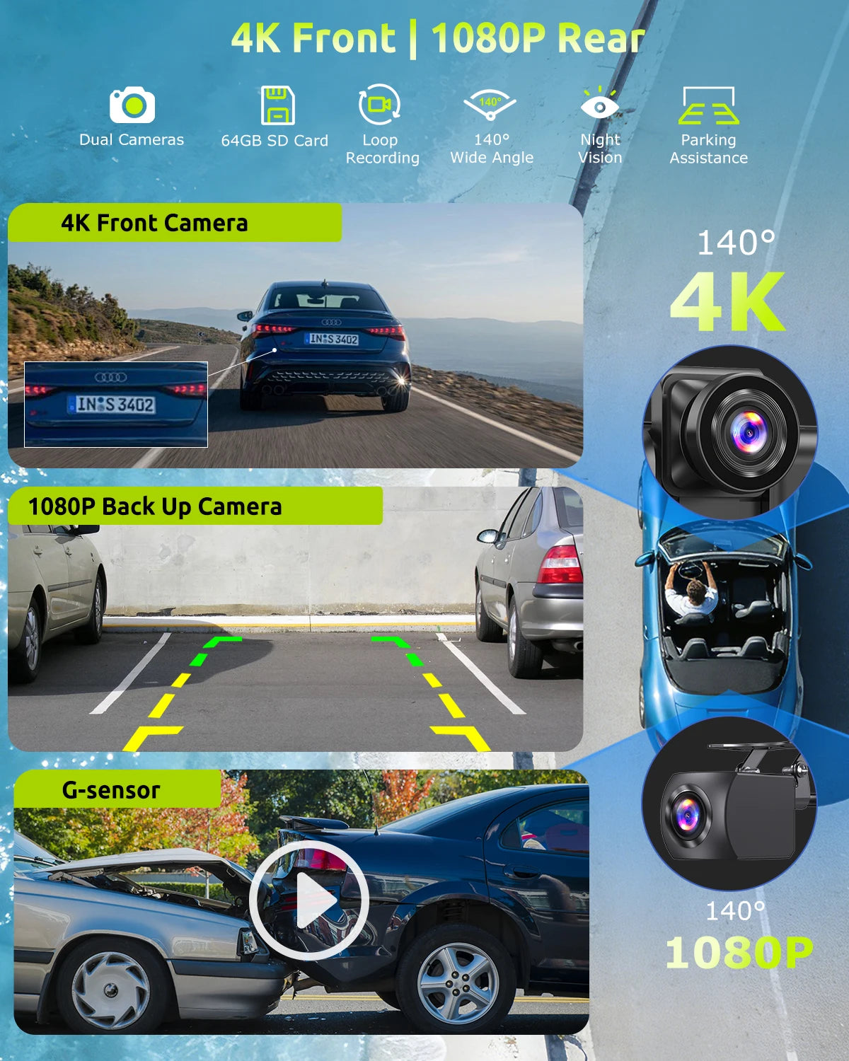 ESSGOO 10.26" Wireless Carplay Screen Dash Cam 4K Car DVR Android Auto Dual Lens Video Recorder Wifi FM AUX Bluetooth Type C TF