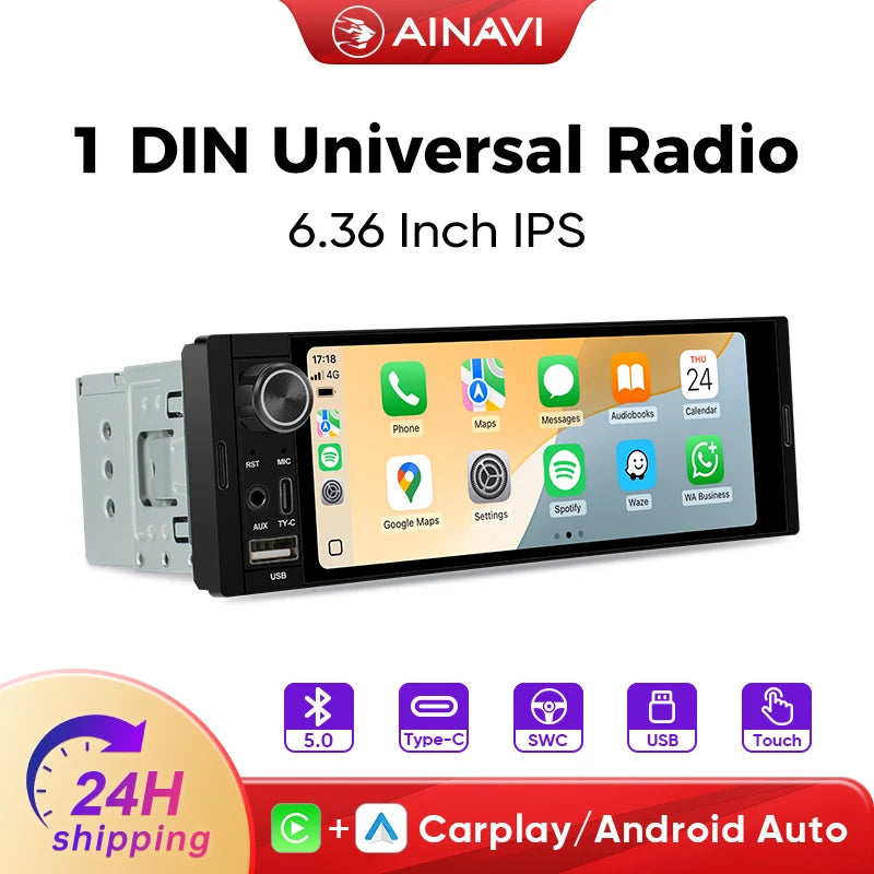 Ainavi K40 K50 Universal 1 Din 6.36 inch Car Radio MP5 IPS Touch Screen Wireless HD 1280*480 Carplay Android Auto Car Multimedia Rear Camera MIC USB BT 5.0 Type C Bluetooth phone Bluetooth music
