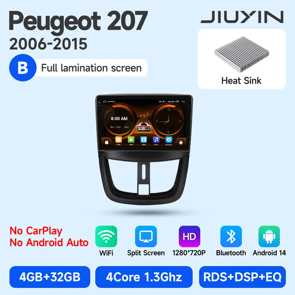 JIUYIN Wireless CarPlay Autoradio for PEUGEOT 207 207CC 2006-2015 Car Radio Multimedia Player Android 13 Auto Stereo GPS