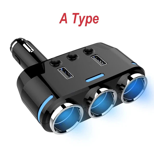 12V-24V Car Cigarette Lighter Socket Splitter Plug LED USB Charger Plug Adapter Port 3 Way Car Charger With Extension Cable