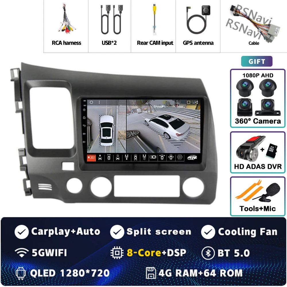 Android 16 For Honda Civic 8 FK FN FD 2005 - 2012 2K QLED Android Car Radio Multimedia Video Player GPS 4G CarPlay Stereo