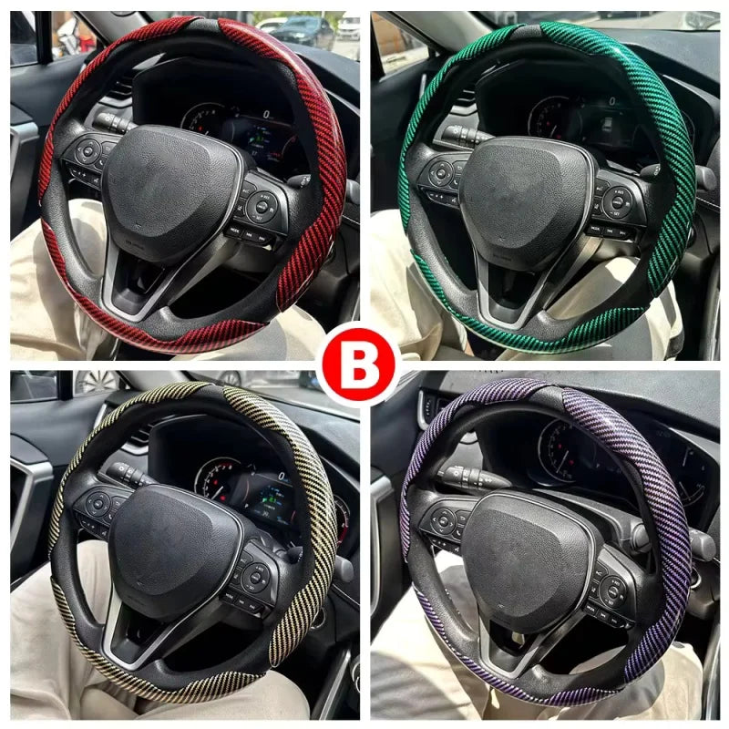 2/3PCS Laser Carbon Fiber Silicone Car Steering Wheel Cover 1K Micro Fiber Leather PVC Wheel Booster Cover Non-Slip Universal