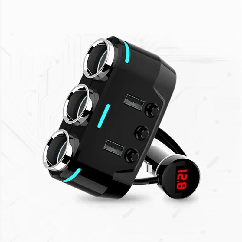 12V-24V Car Cigarette Lighter Socket Splitter Plug LED USB Charger Plug Adapter Port 3 Way Car Charger With Extension Cable