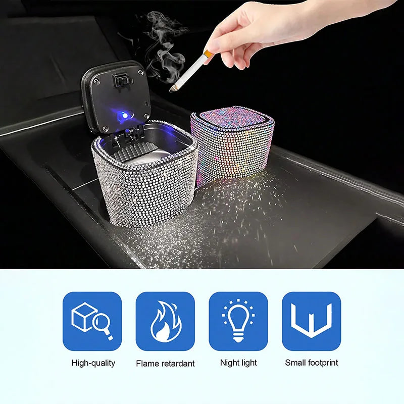 LED Crystal Car Ashtray w/Cover - Night Light, Dustproof, Heat-Resistant ABS, Compact & Stylish for Most Cars, Easy Clean Smoker