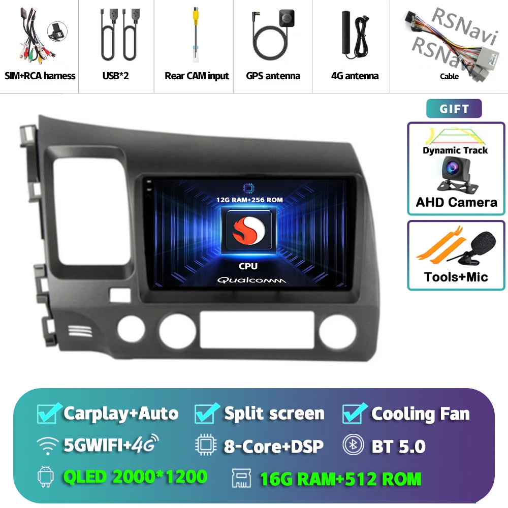 Android 16 For Honda Civic 8 FK FN FD 2005 - 2012 2K QLED Android Car Radio Multimedia Video Player GPS 4G CarPlay Stereo