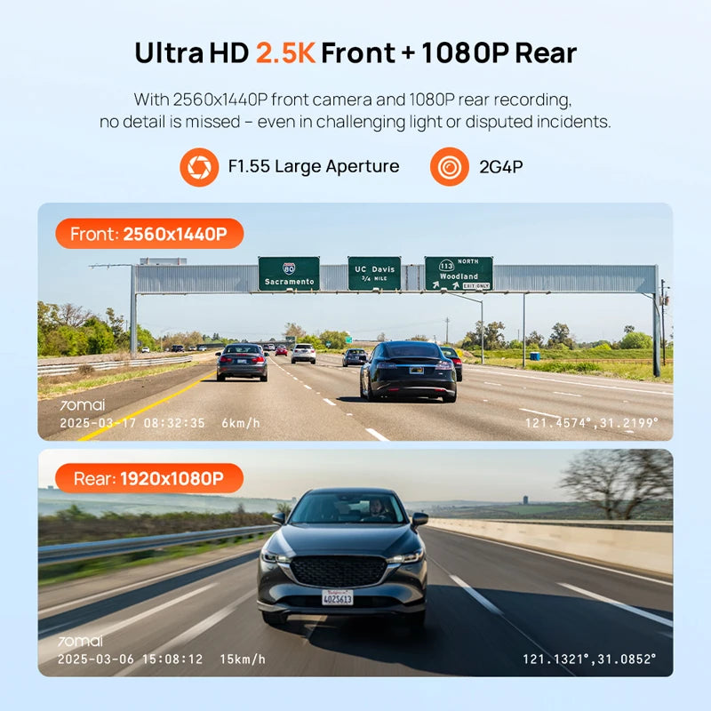 New 70mai Dash Cam A410 1440P 2.5K Image F1.55 Dual-Channel Supported GPS Night Vision 24H Parking Upgraded Ver. of 70mai A400