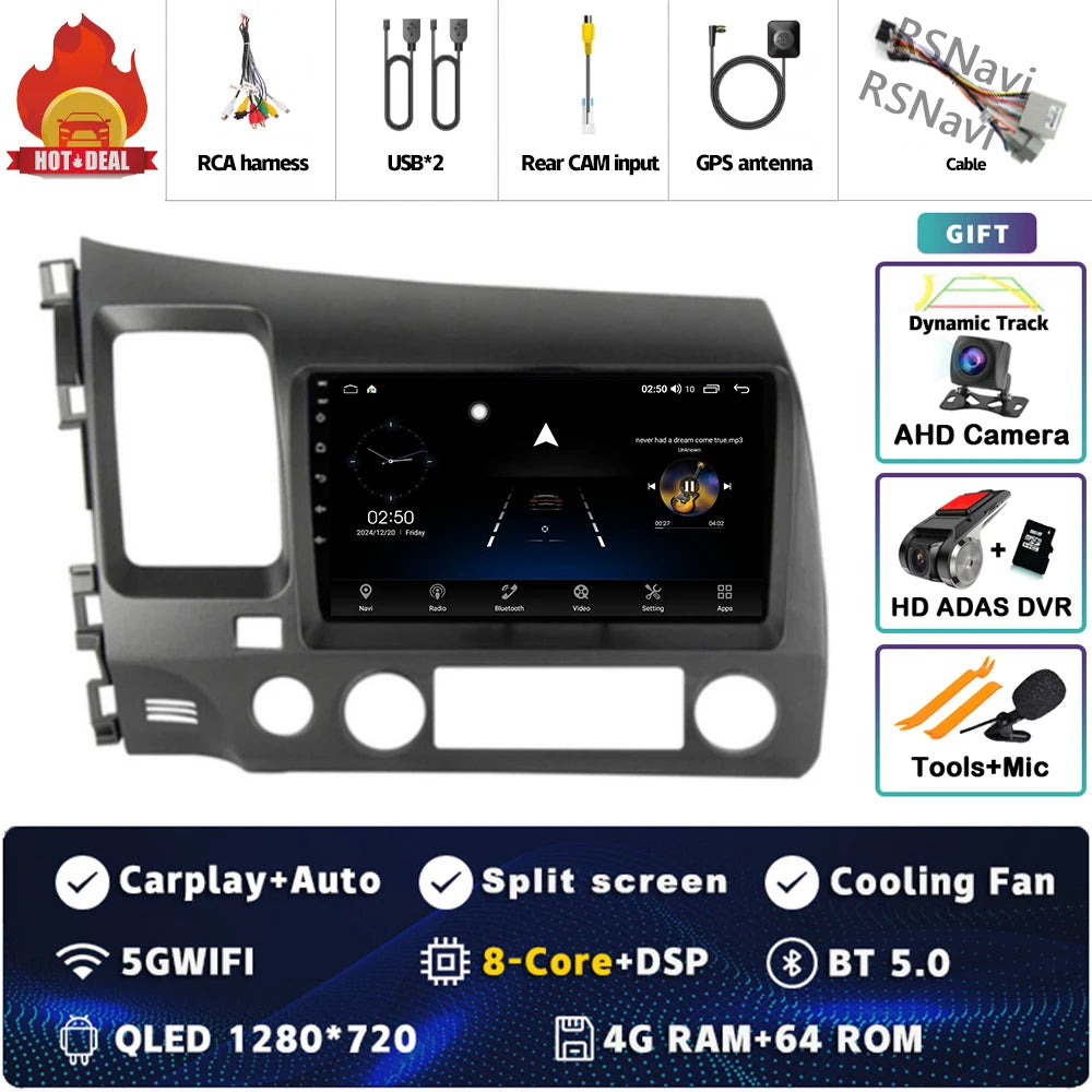 Android 16 For Honda Civic 8 FK FN FD 2005 - 2012 2K QLED Android Car Radio Multimedia Video Player GPS 4G CarPlay Stereo