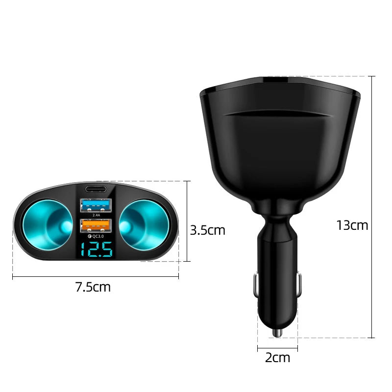 Car Charger 66W Cigarette Lighter Splitter Type C QC3.0 USB Dual Socket Fast Charging Port LED Display 12V 24V Vehicle Adapter