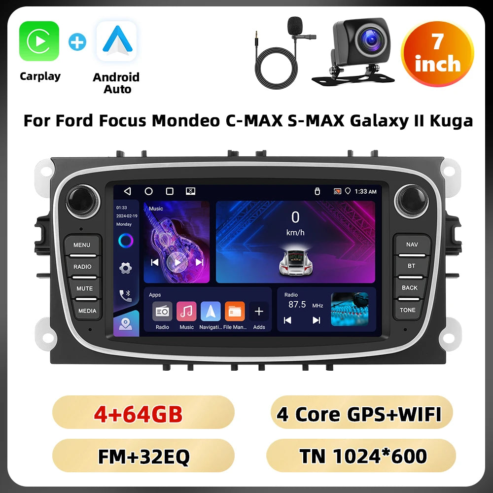 Podofo 7 ''Android Multimedia Player for Ford Focus Mondeo C-MAX S-MAX Galaxy II Kuga GPS Navigation 2 + 64G Carplay Android Auto
