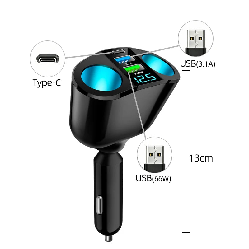 Car Charger 66W Cigarette Lighter Splitter Type C QC3.0 USB Dual Socket Fast Charging Port LED Display 12V 24V Vehicle Adapter
